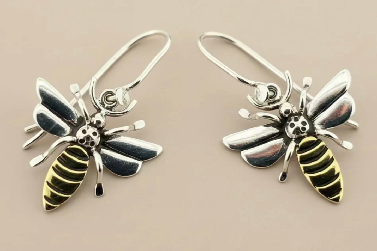 HAND CRAFTED HONEY BEE DROP EARRINGS IN STERLING SILVER & BRASS