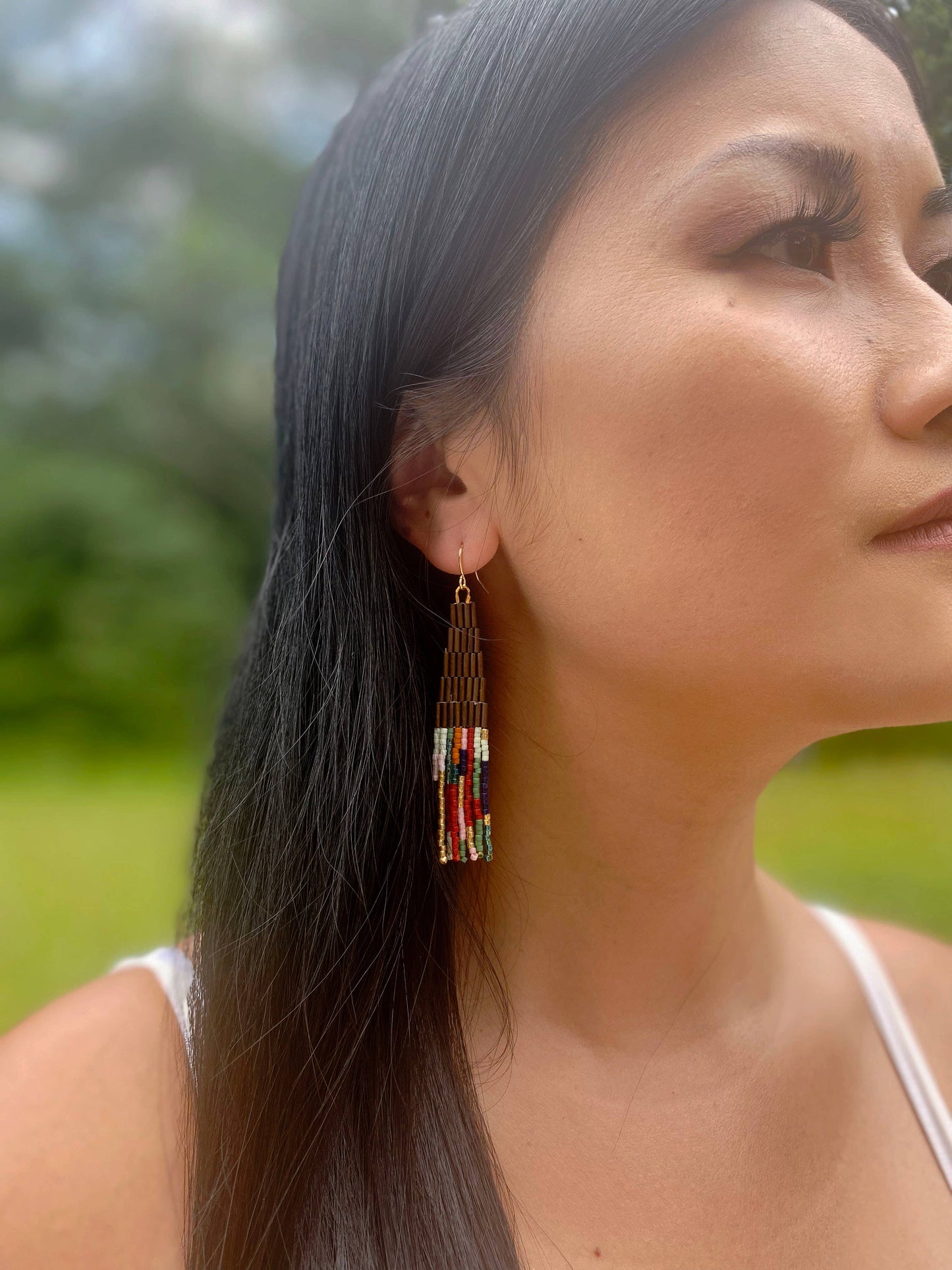 BEADED HANDWOVEN ABSTRACT FRINGE EARRINGS - BROWN