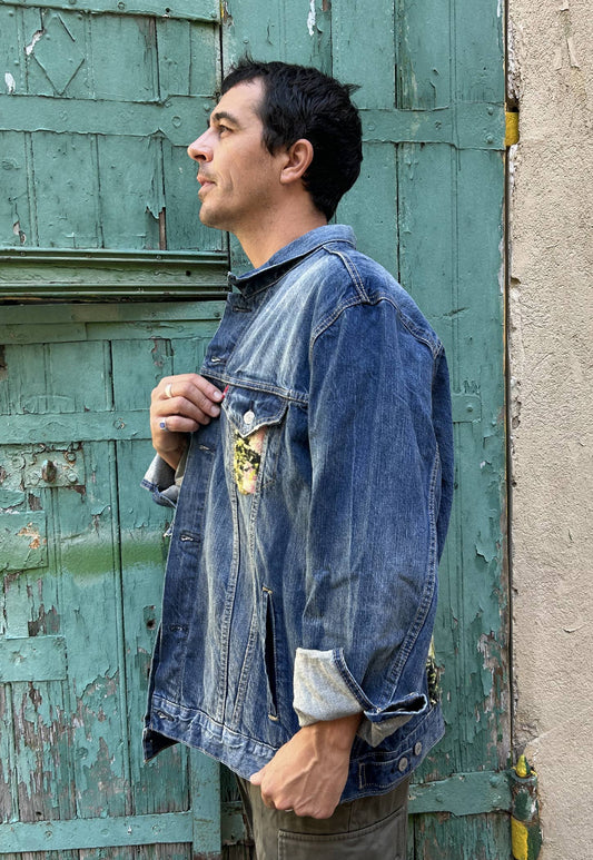 UPCYCLED DENIM JACKET WITH VINTAGE NEEDLEPOINT - CASTLE & SWANS
