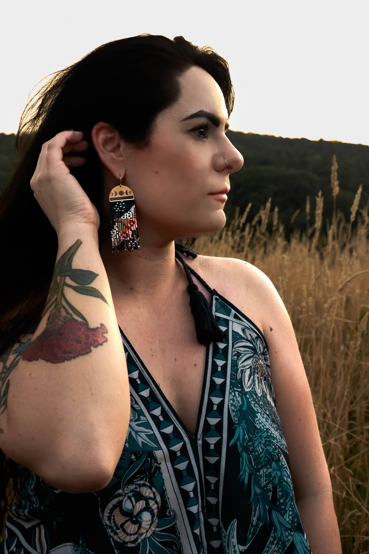 BEADED HANDWOVEN MOONLIT MOTH FRINGE EARRINGS - BLACK
