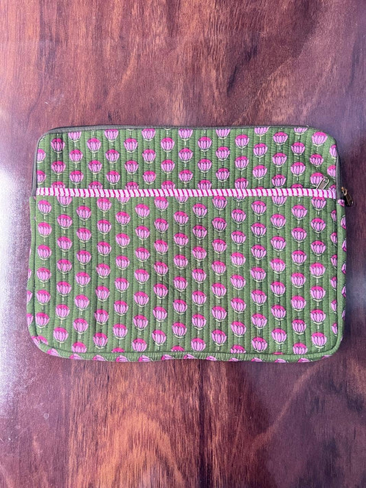 QUILTED COTTON LAPTOP BAG - GREEN & PINK FLORAL