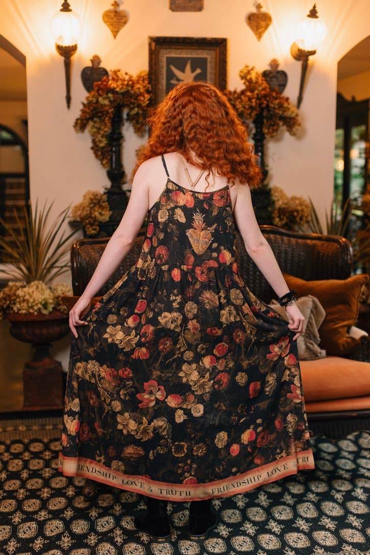 HEART OF GOLD BOHÉME LONG MAXI SLIP DRESS WITH SACRED HEART