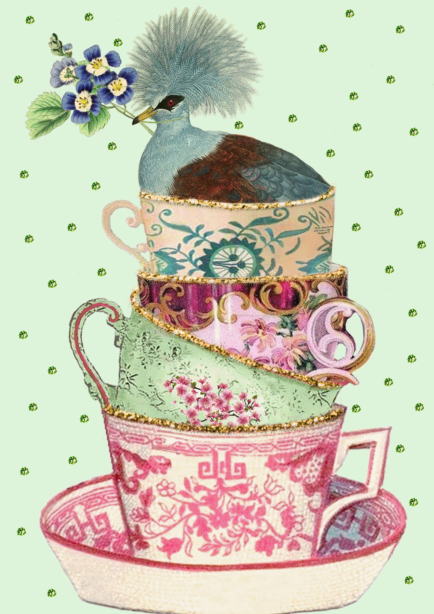 HAND GLITTERED LARGE GREETING CARD - TEACUPS