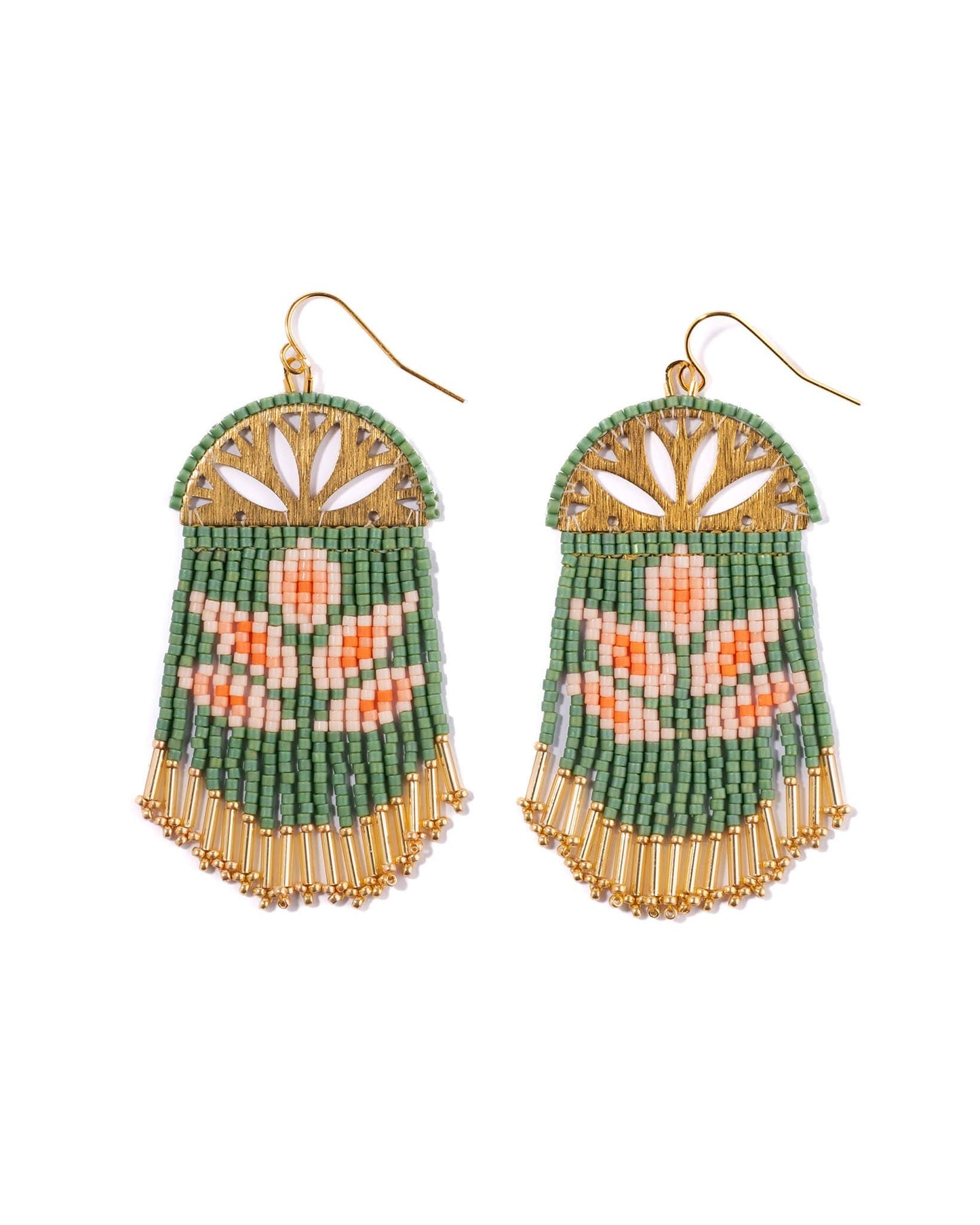 BEADED HANDWOVEN LOTUS FRINGE EARRINGS - GREEN