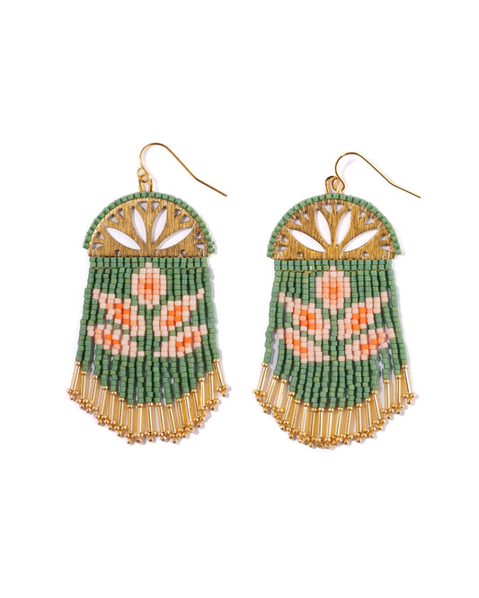 BEADED HANDWOVEN LOTUS FRINGE EARRINGS - GREEN