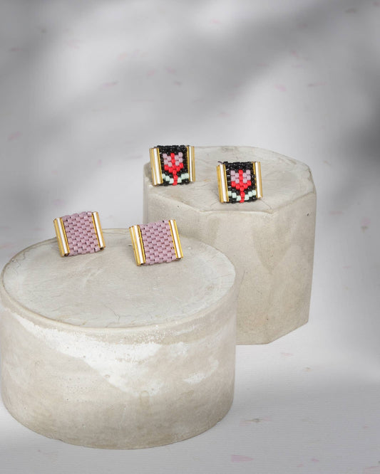 BEADED HANDWOVEN TULIP STUD PACK - BLACK / LILAC