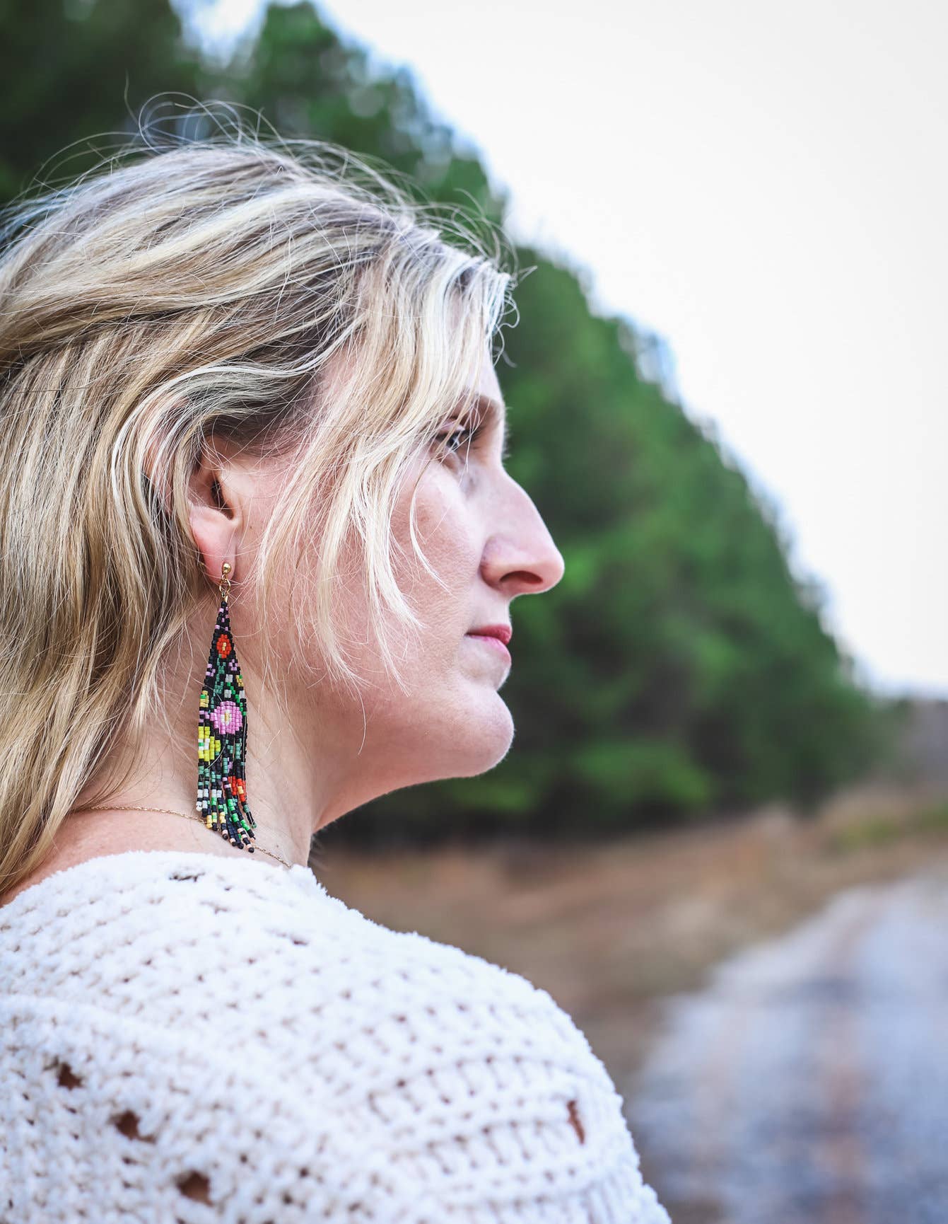 BEADED HANDWOVEN WILDFLOWER FRINGE EARRINGS - BLACK