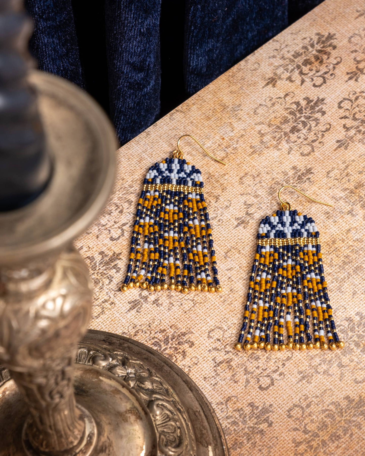 BLUE MUSTARD BROCADE GARDEN EARRINGS
