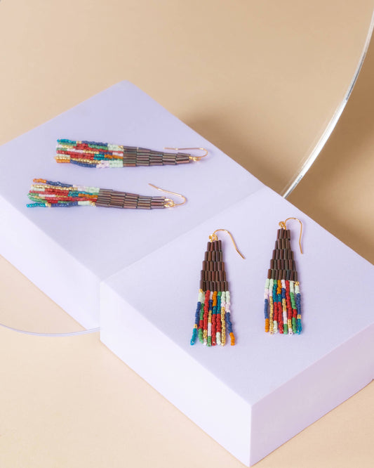 BEADED HANDWOVEN ABSTRACT FRINGE EARRINGS - BROWN