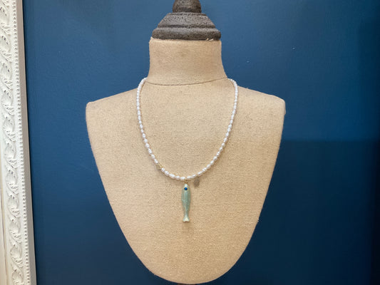 ANAYA PEARL NECKLACE WITH GOLD CHARMS & ENAMEL FISH