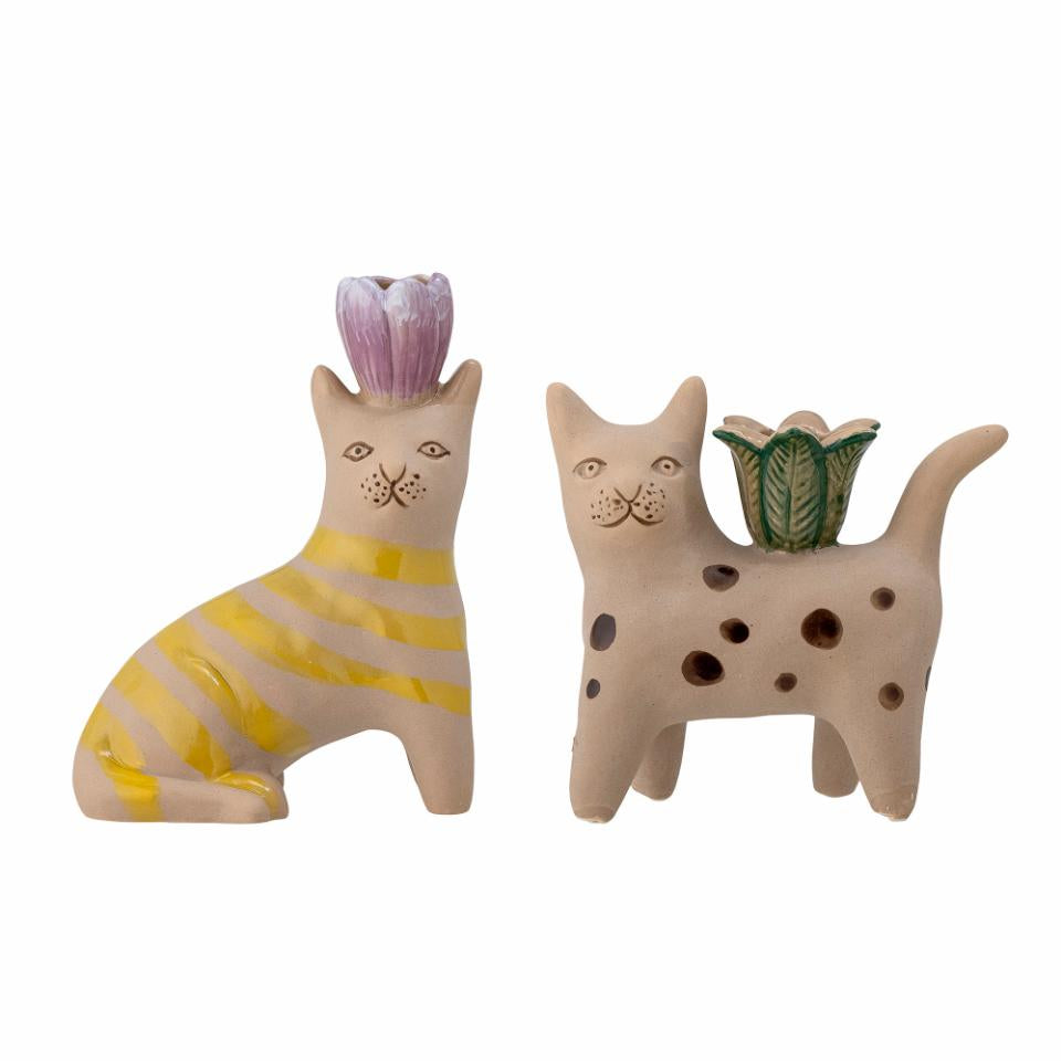 MAMIE CAT STONEWARE CANDLESTICK SET