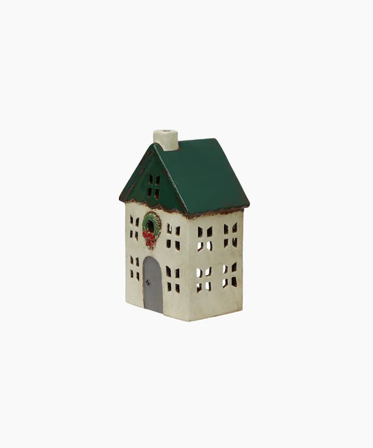 CHRISTMAS TEA LIGHT HOUSE GREEN WITH WREATH SMALL