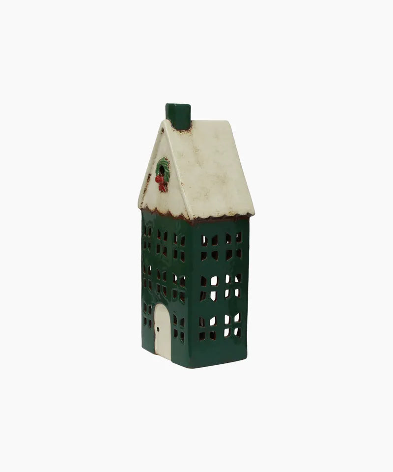 CHRISTMAS TEA LIGHT HOUSE GREEN WITH WREATH LARGE