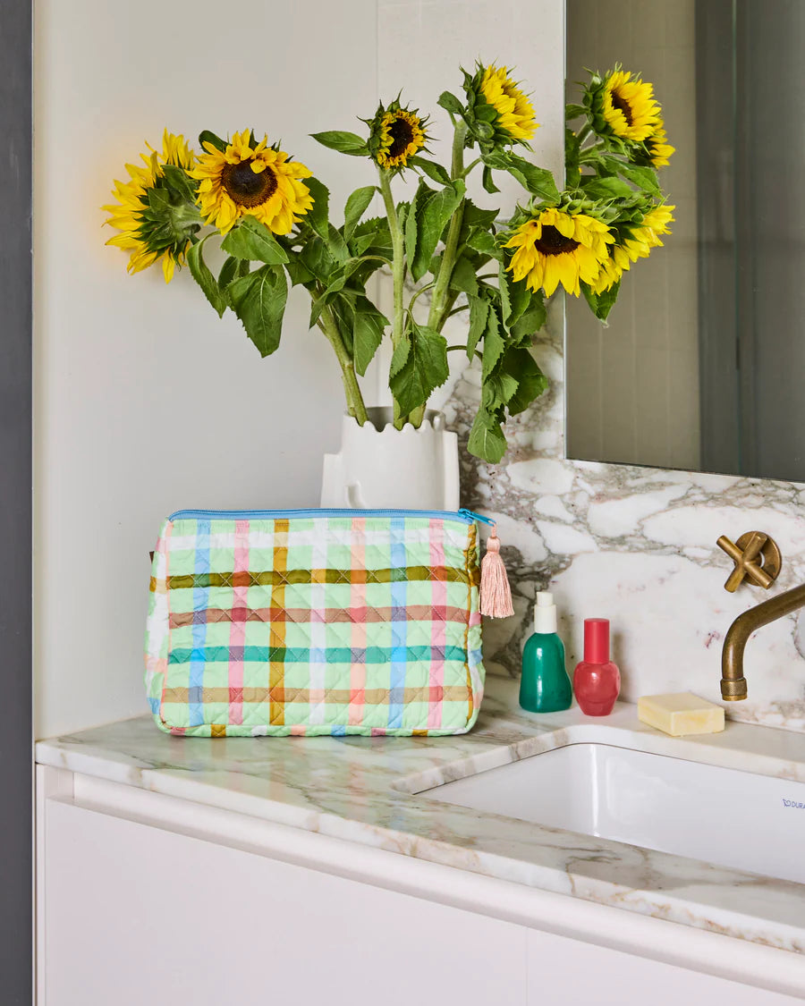 CANDY CHECK MINT QUILTED COTTON TOILETRY PURSE
