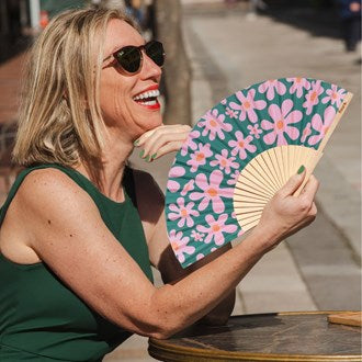 HAND FAN - PINK & GREEN FLOWERS