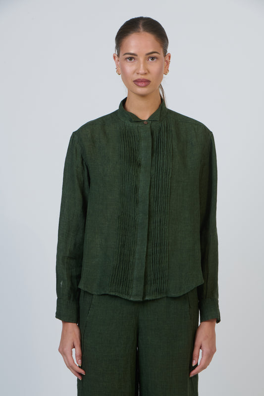LINEN PLEATED FRONT SHIRT - MYRTLE