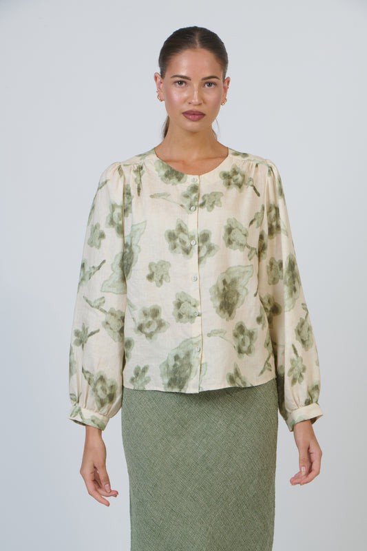 LINEN BUTTON FRONT BLOUSE - PATINA PETALS
