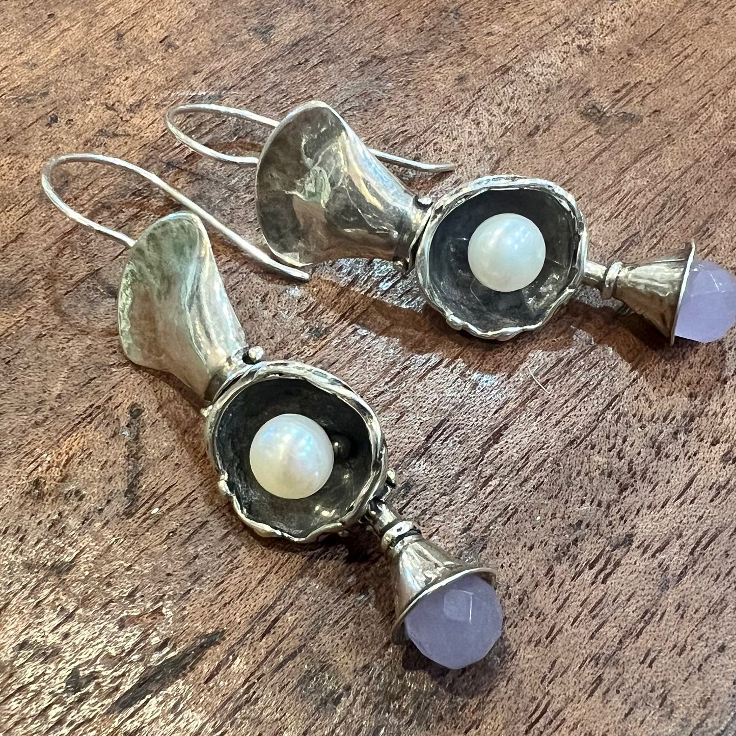 STERLING SILVER & PEARL EARRINGS WITH PINK CRYSTAL DROP