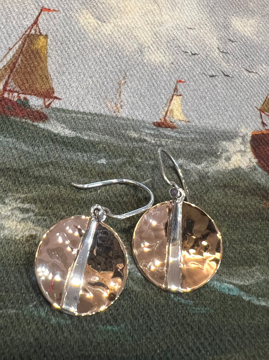CONCAVE HAMMERED COPPER CIRCLE WITH SILVER WEDGE EARRING