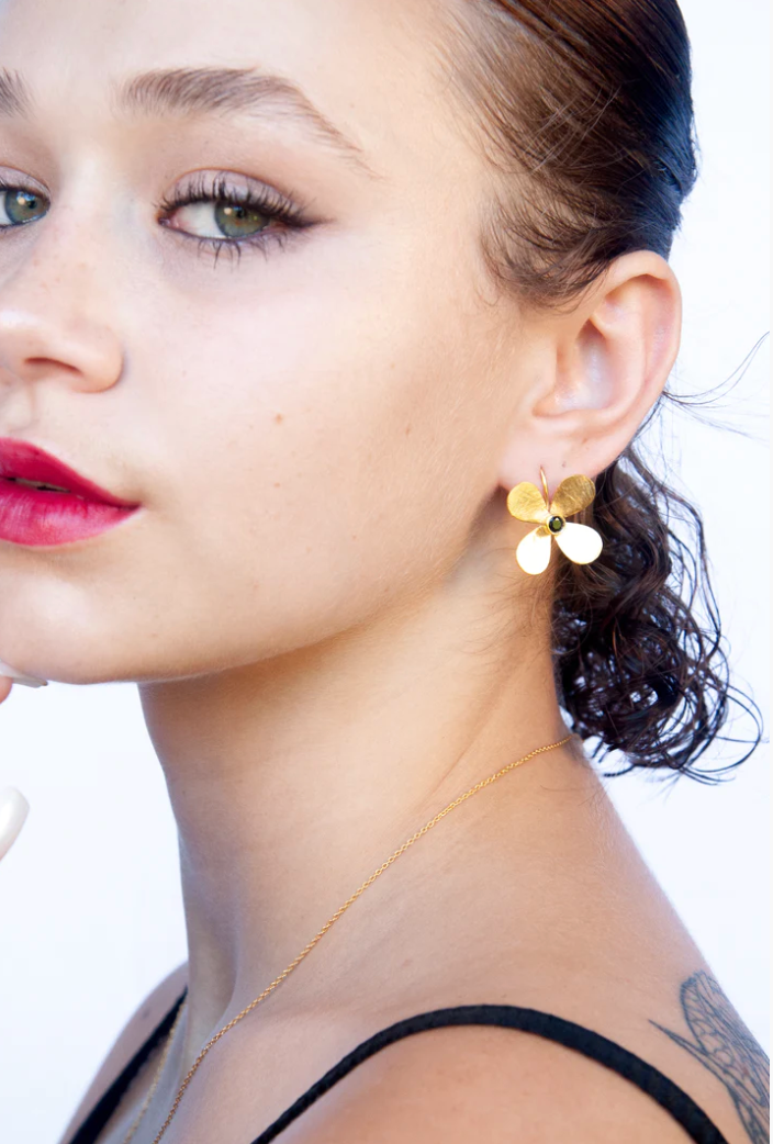 EMBER GOLD PLATED FLOWER EARRINGS WITH GEMSTONE CENTRE