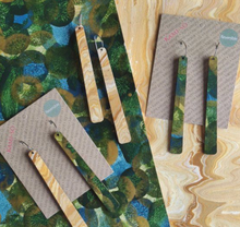 Load image into Gallery viewer, REVERSIBLE LARGE PADDLE RECYCLED PAPER EARRINGS -  GREEN BLUE & GOLD & TAN