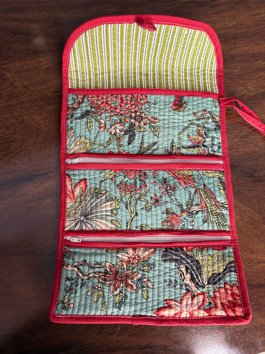 QUILTED COTTON JEWELLERY STORAGE PURSE - TURQUOISE FLORAL