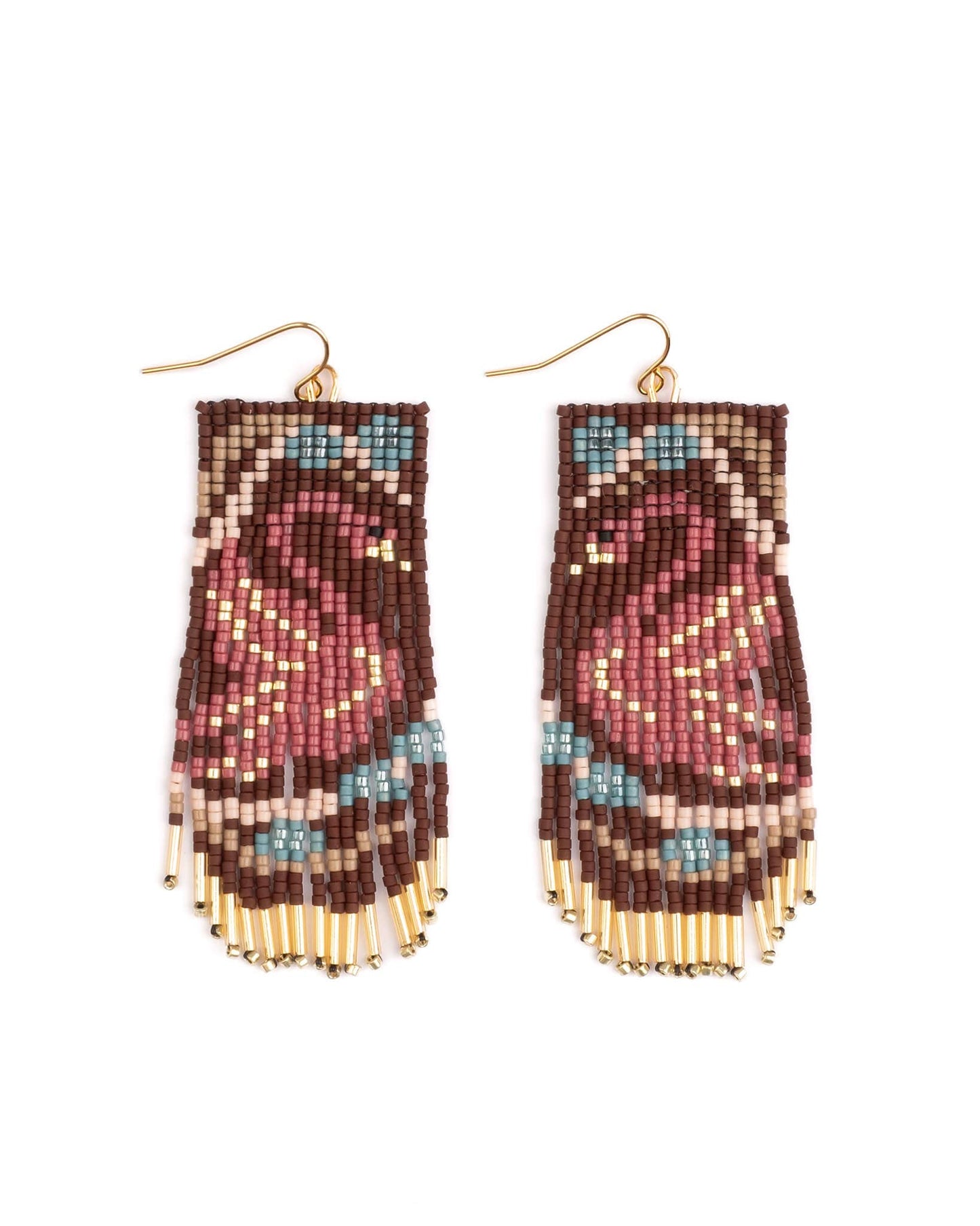 BEADED HANDWOVEN SWAN FRINGE EARRINGS - BROWN