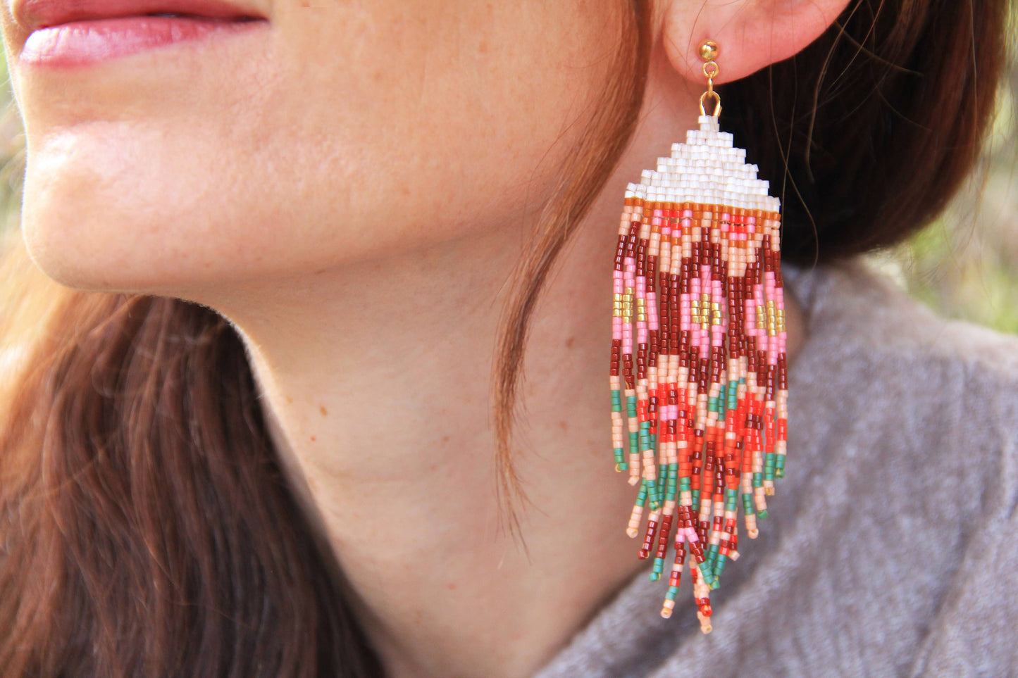 BEADED HANDWOVEN HUIPIL FRINGE EARRINGS - SWEET ESCAPE
