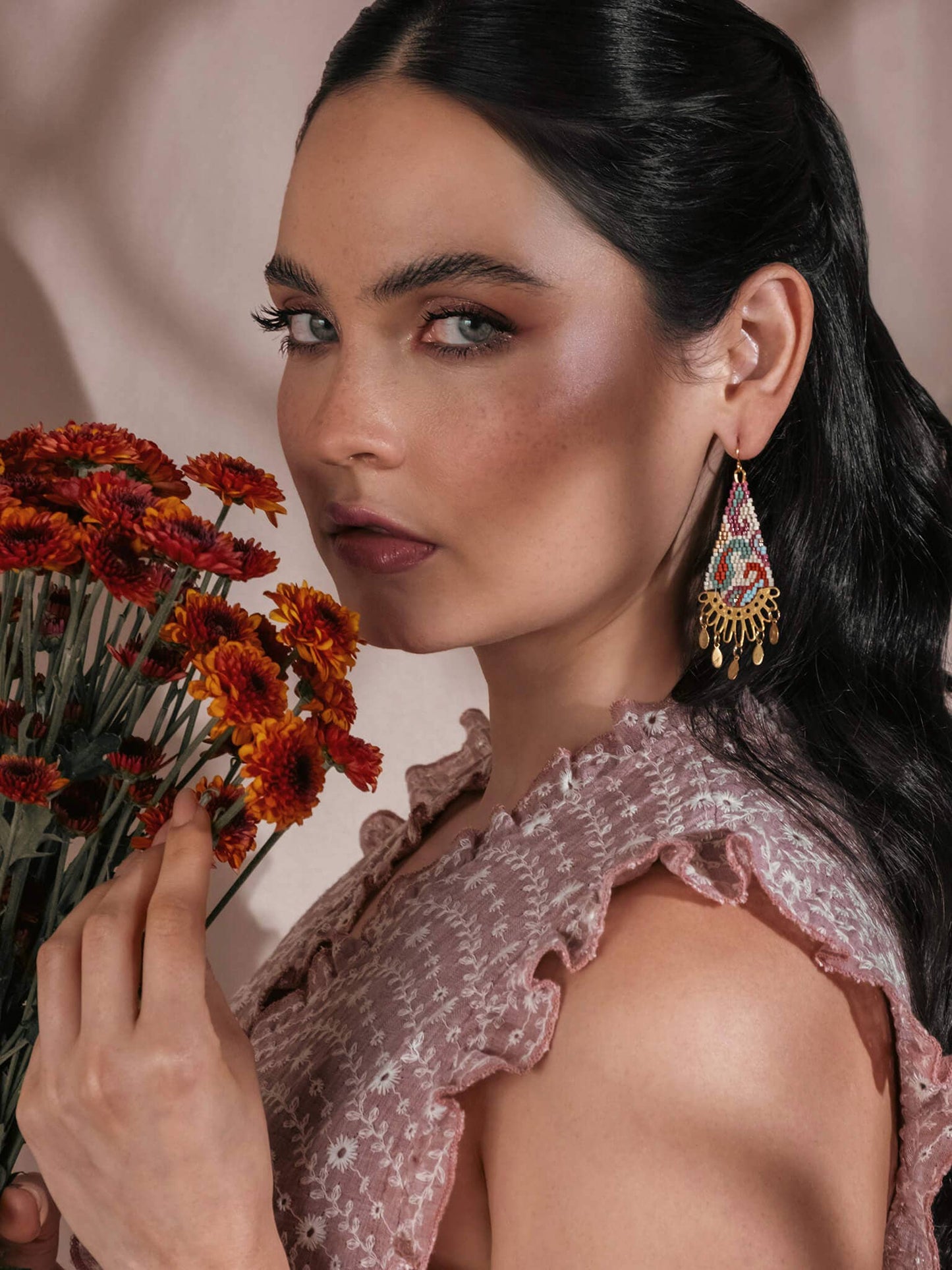 BEADED HANDWOVEN PAISLEY DROP EARRINGS - CREAM