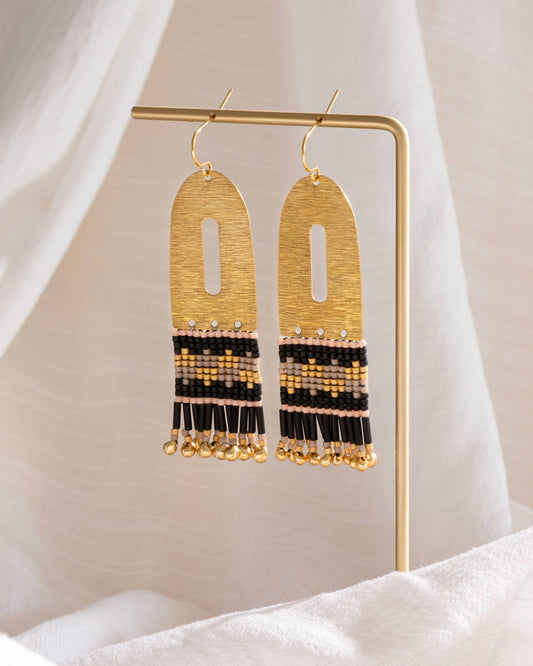 BEADED HANDWOVEN COLOUR BLOCK BRASS EARRINGS - BLACK