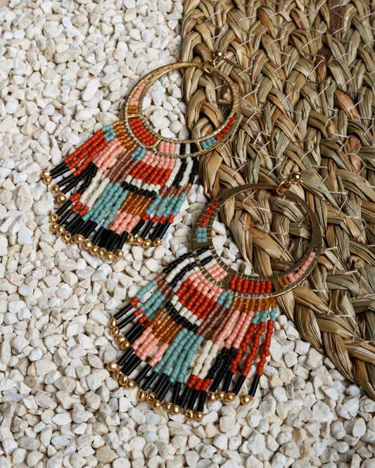 BEADED HANDWOVEN PAINTED DESERT FRINGE EARRINGS - AQUA / DUST