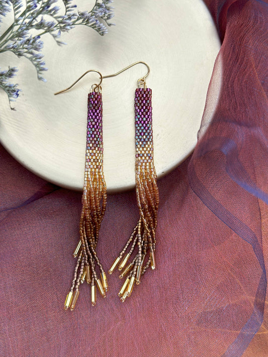 BEADED HANDWOVEN OMBRÉ TASSEL EARRINGS - VIOLET