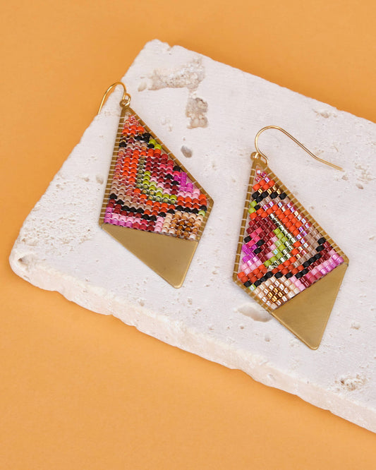 BEADED HANDWOVEN KALEIDOSCOPE KITE EARRINGS - PINK / ORANGE
