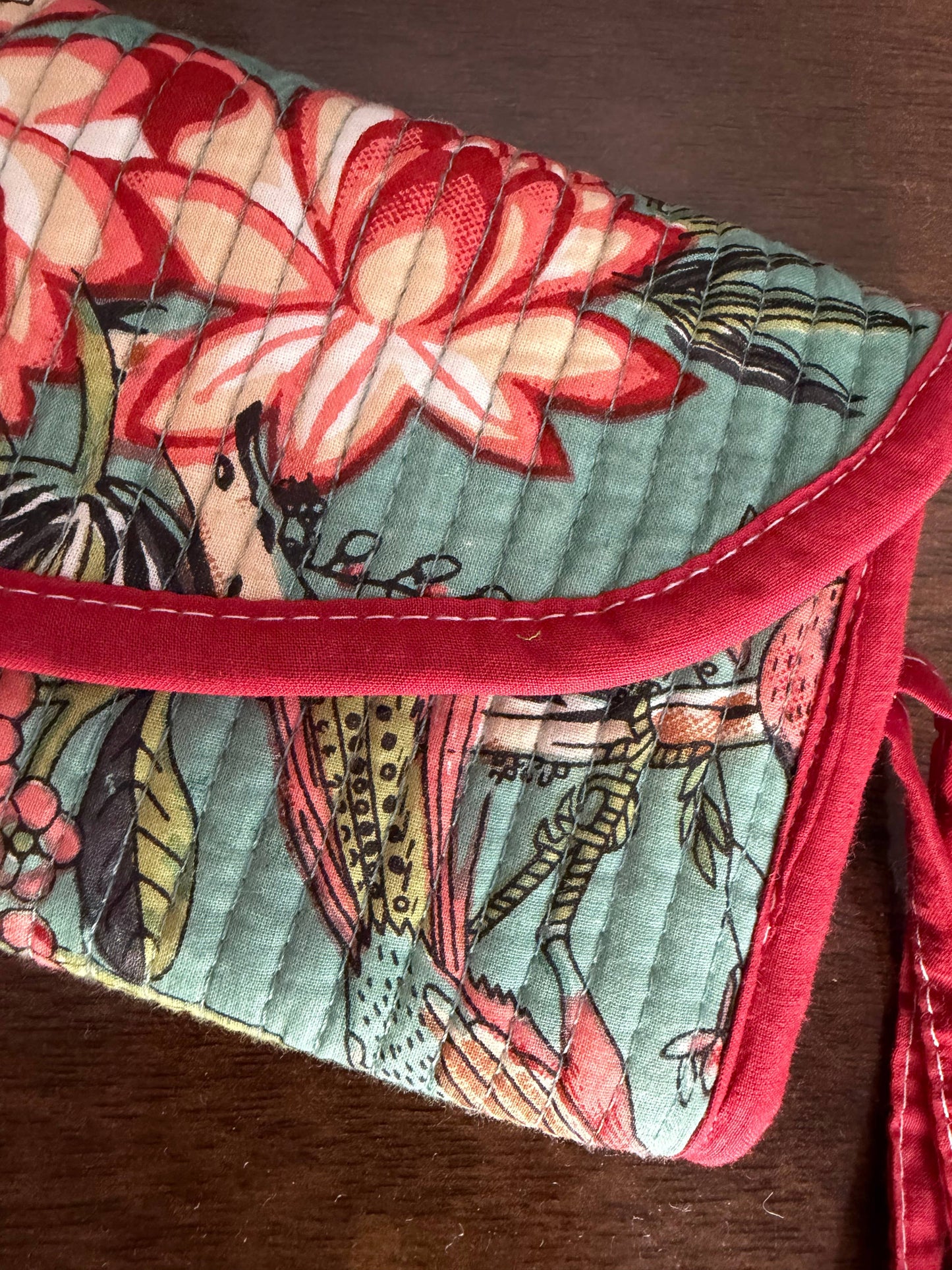QUILTED COTTON JEWELLERY STORAGE PURSE - TURQUOISE FLORAL