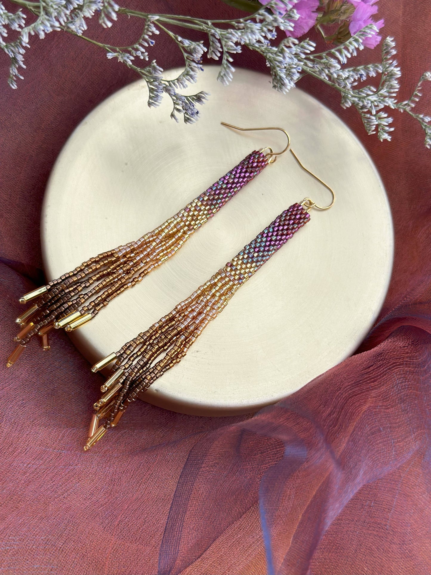 BEADED HANDWOVEN OMBRÉ TASSEL EARRINGS - VIOLET