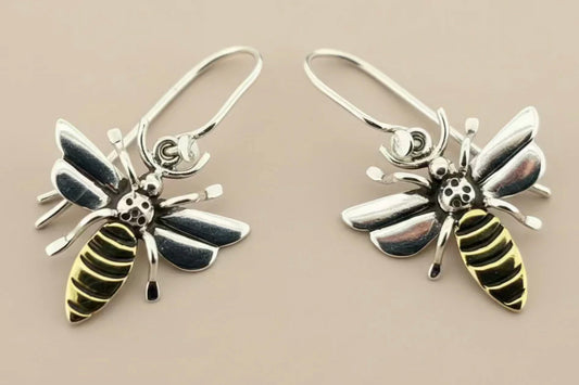 HAND CRAFTED HONEY BEE DROP EARRINGS IN STERLING SILVER & BRASS