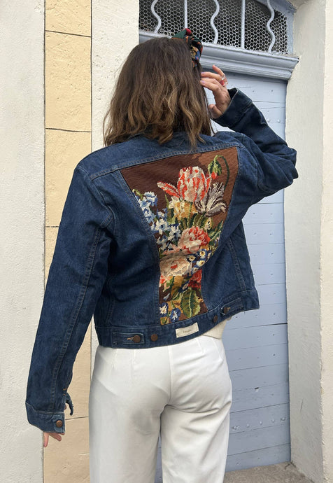 UPCYCLED DENIM JACKET WITH VINTAGE NEEDLEPOINT - FLORAL VASE