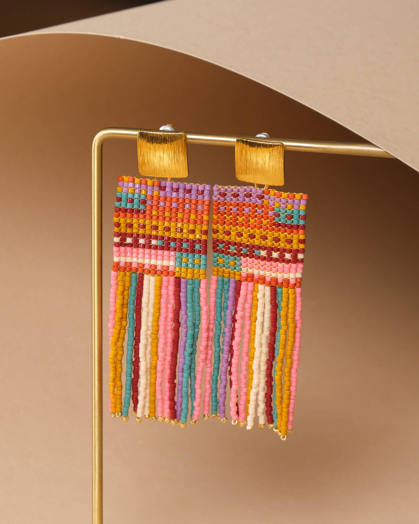 BEADED HANDWOVEN STRIPED KNIT FRINGE EARRINGS - WARMED EARTH