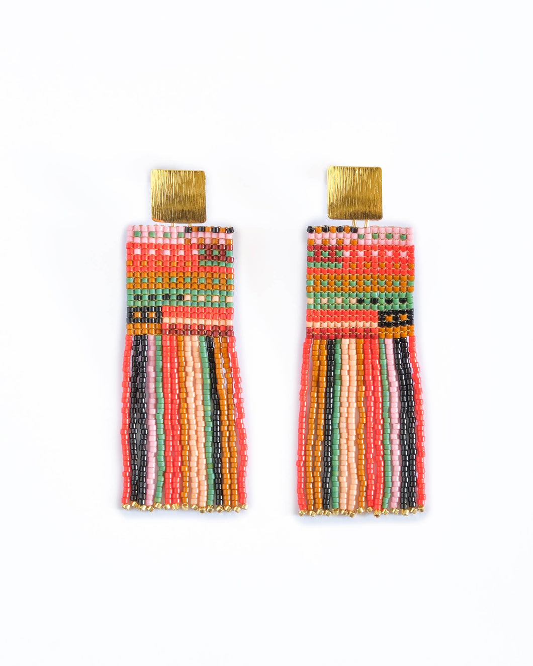 BEADED HANDWOVEN STRIPED KNIT FRINGE EARRINGS - SWEET ESCAPE