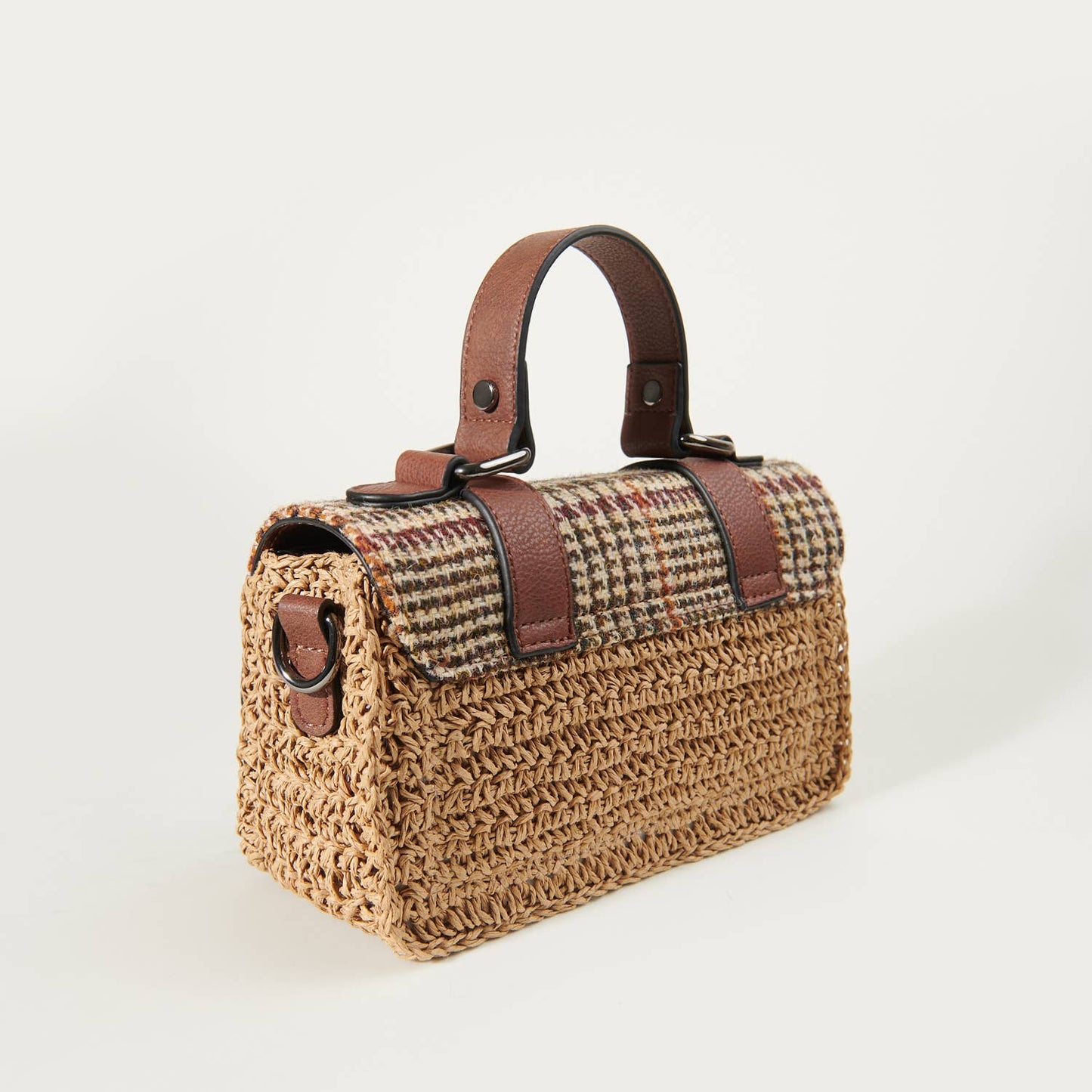 THE MINI STRAW SATCHEL - BEIGE DOGTOOTH