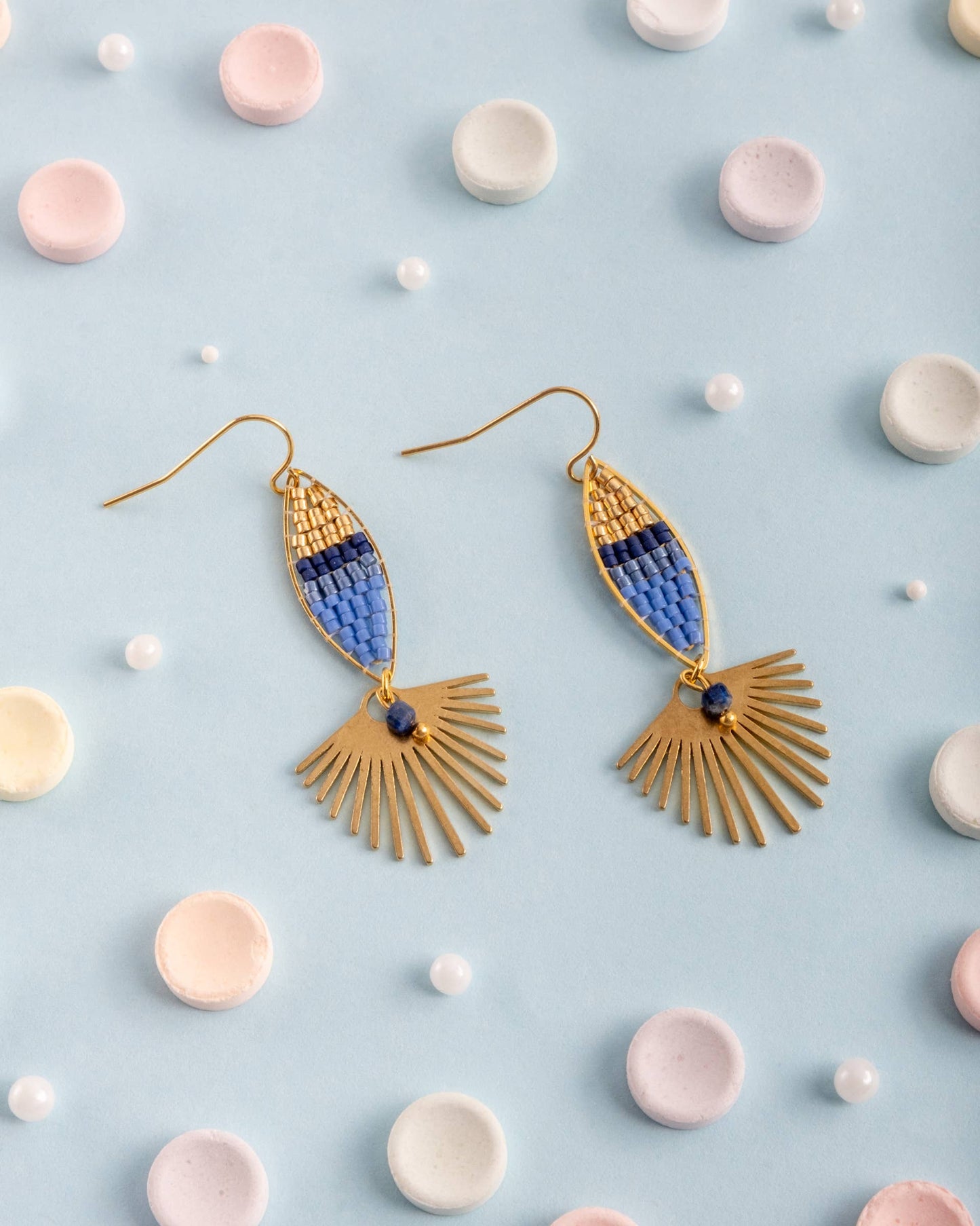 BEADED HANDWOVEN COTTON CANDY EARRINGS - BLUE