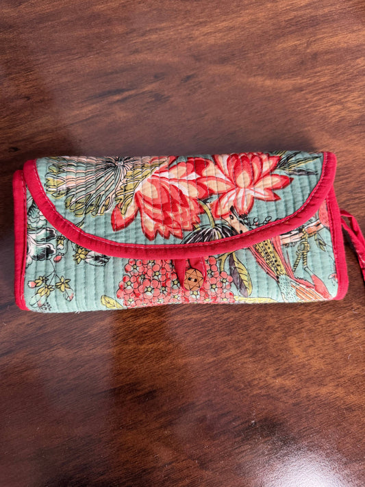 QUILTED COTTON JEWELLERY STORAGE PURSE - TURQUOISE FLORAL