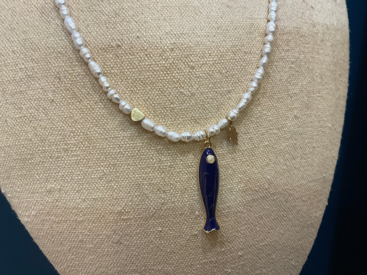 ANAYA PEARL NECKLACE WITH GOLD CHARMS & ENAMEL FISH