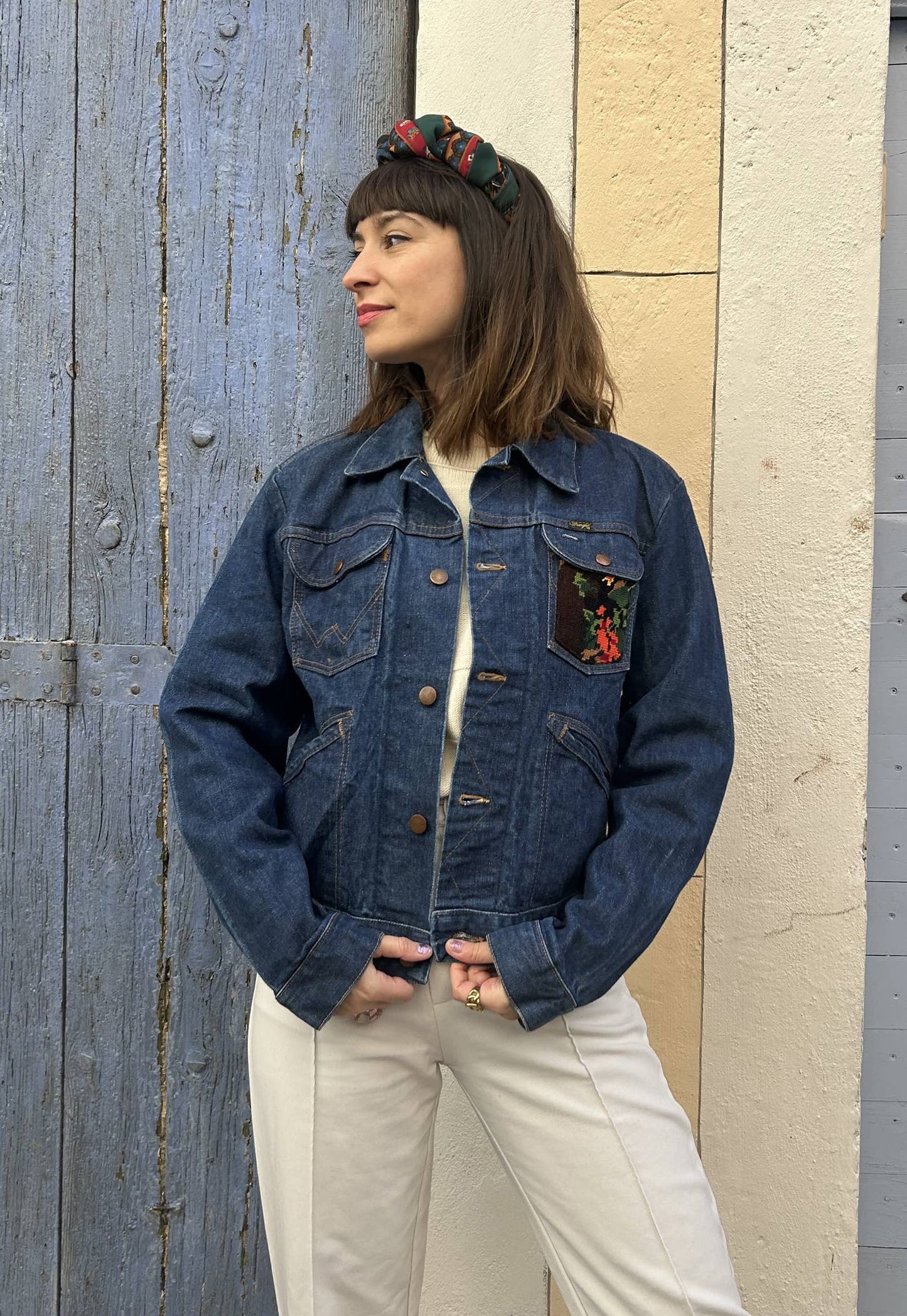 UPCYCLED DENIM JACKET WITH VINTAGE NEEDLEPOINT - FLORAL VASE