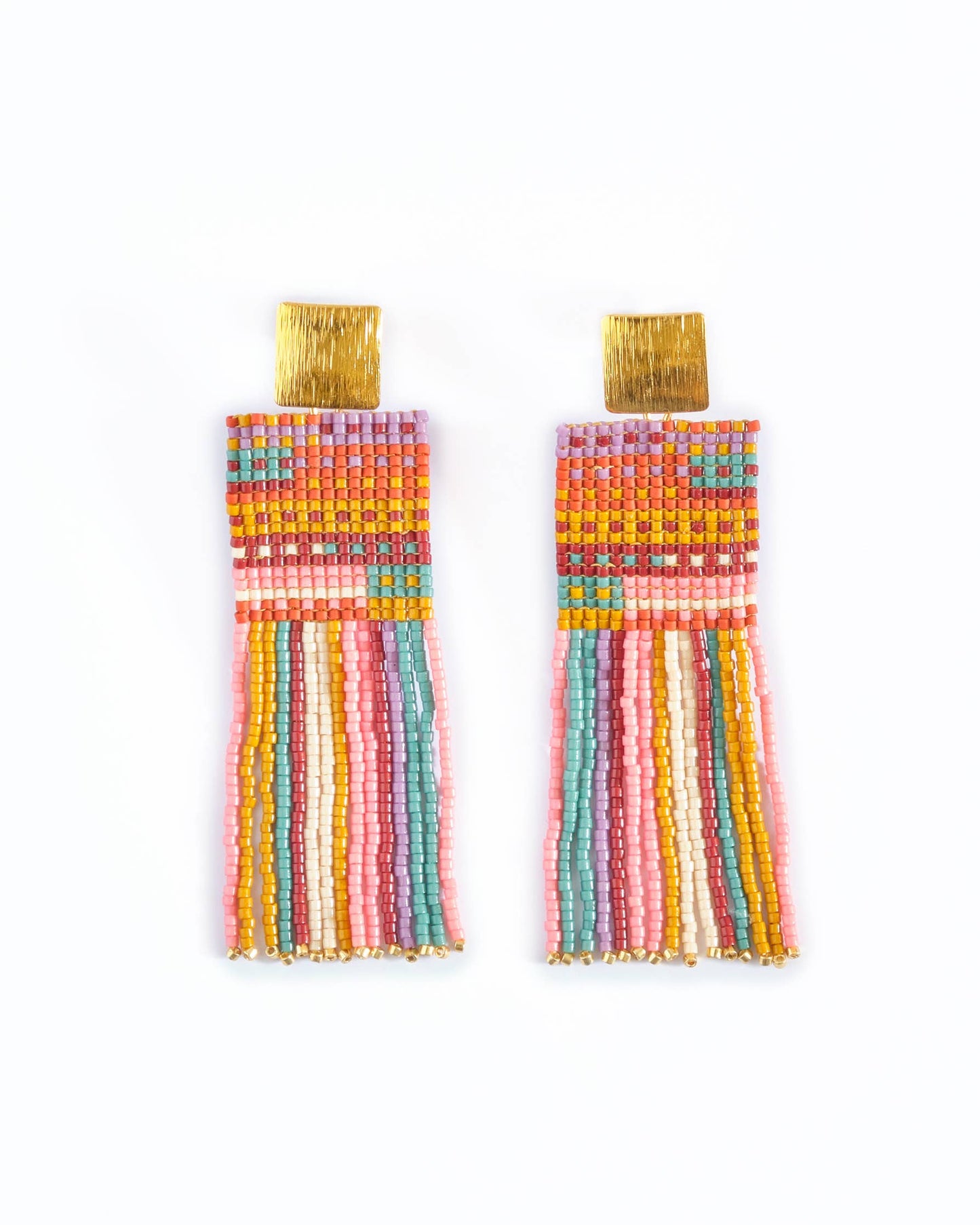 BEADED HANDWOVEN STRIPED KNIT FRINGE EARRINGS - WARMED EARTH