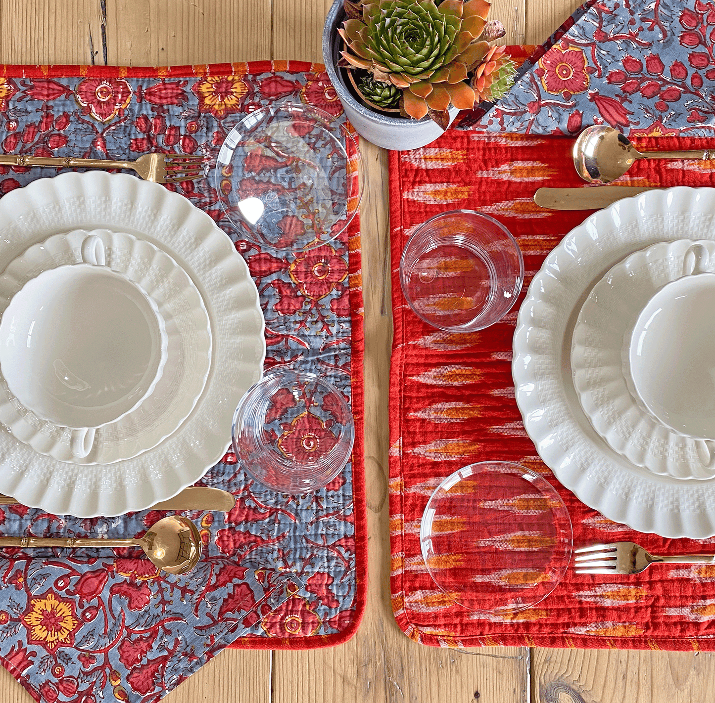 REVERSABLE GREY & RED FLORAL & CORAL IKAT PLACEMATS WITH NAPKINS - SET OF 6