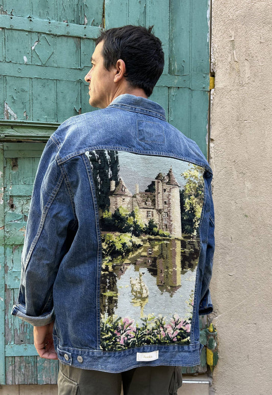 UPCYCLED DENIM JACKET WITH VINTAGE NEEDLEPOINT - CASTLE & SWANS