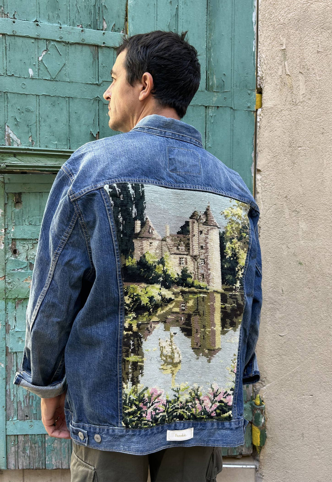 UPCYCLED DENIM JACKET WITH VINTAGE NEEDLEPOINT - CASTLE & SWANS