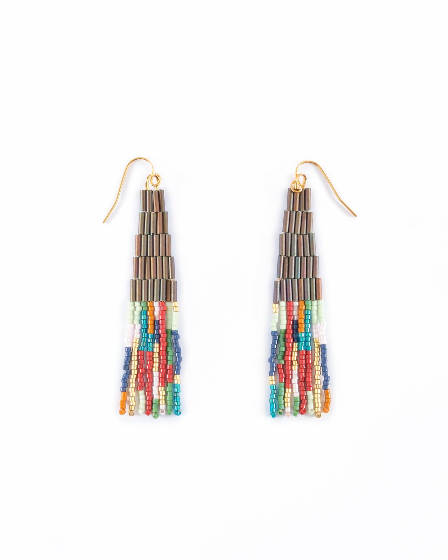 BEADED HANDWOVEN ABSTRACT FRINGE EARRINGS - BROWN