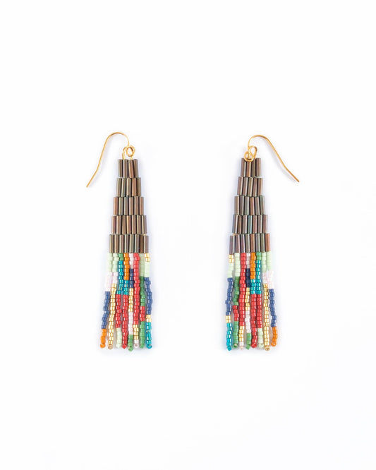 BEADED HANDWOVEN ABSTRACT FRINGE EARRINGS - BROWN